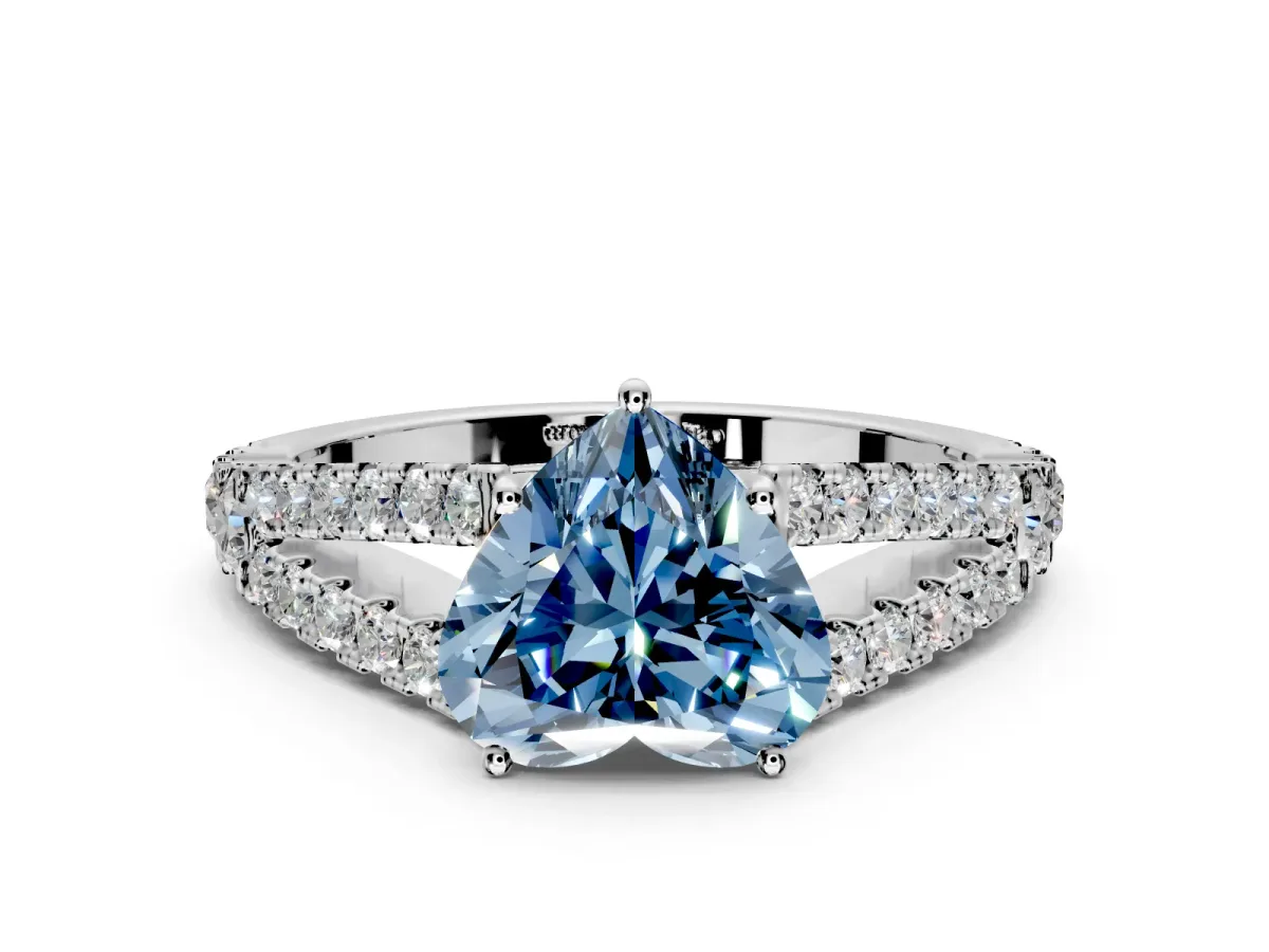 Solitaire Engagement Ring Setting for Fancy Blue Heart-Shaped Center with Pave Split Shank and Prong Head in Platinum