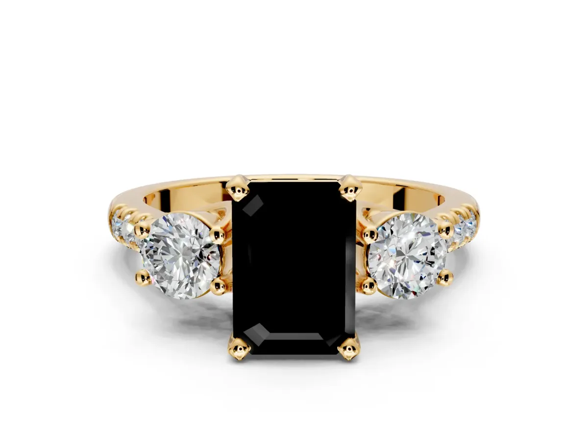 3 Stone Engagement Ring Setting for Fancy Black Emerald Cut Center with Crossover Basket, Pave Band and Prong Head in Yellow Gold