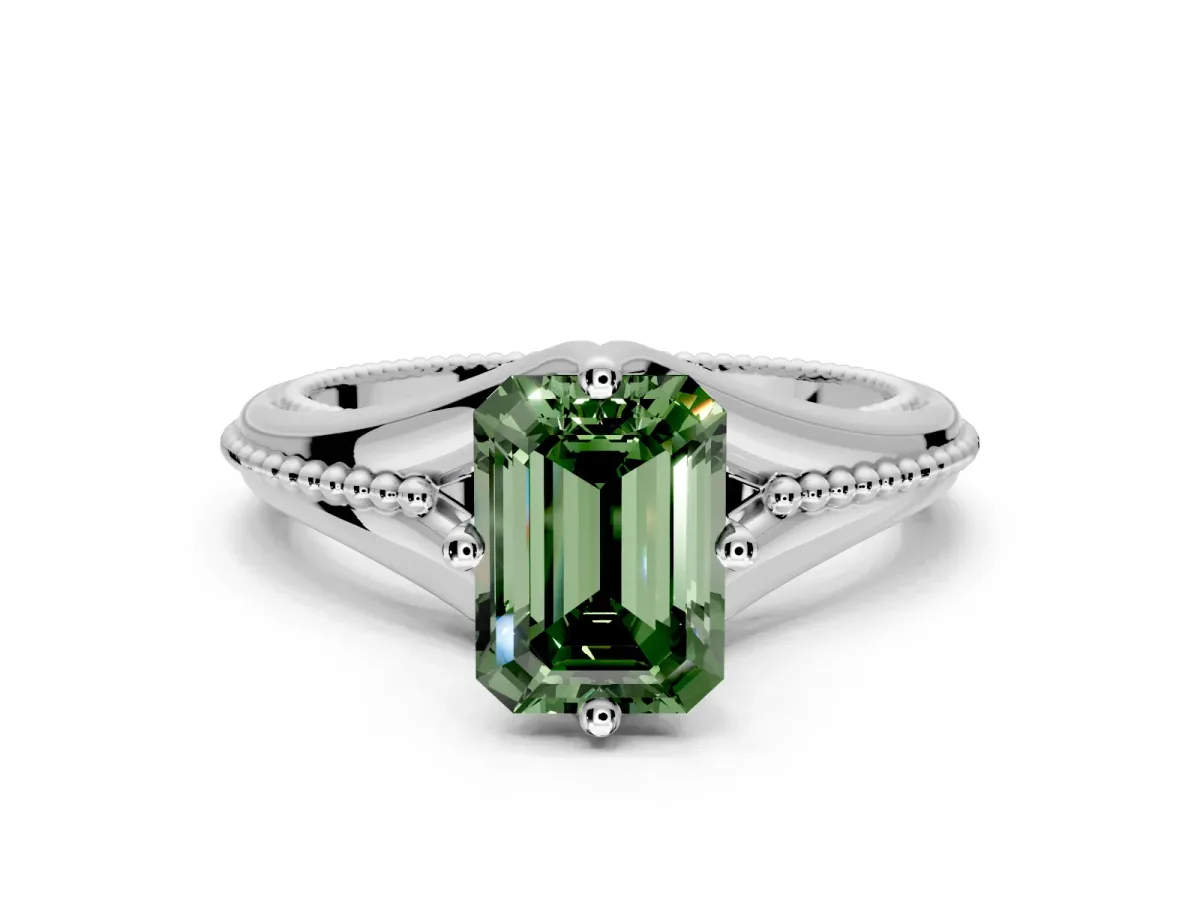 Solitaire Engagement Ring Setting for Fancy Green Emerald Cut Center with Milgrain Cathedral Band and Prong Head in Platinum