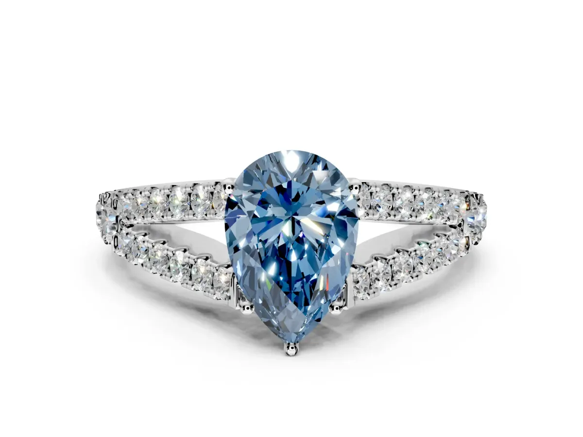 Solitaire Engagement Ring Setting for Fancy Blue Pear-Shaped Center with Pave Split Shank and Prong Head in White Gold