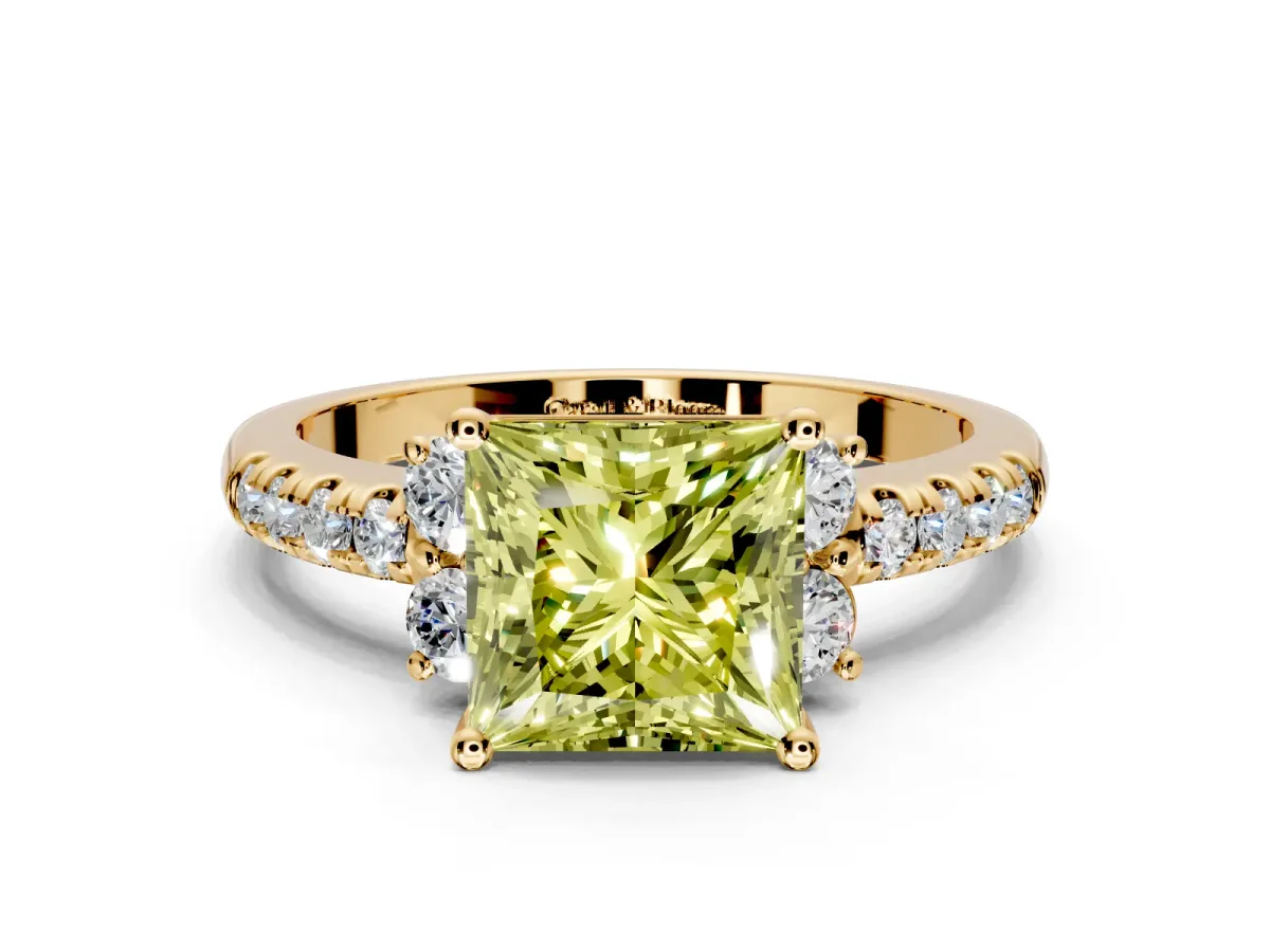 Paired Accent Engagement Ring Setting for Fancy Yellow Princess Cut Center with Pave Band and Prong Head in Yellow Gold