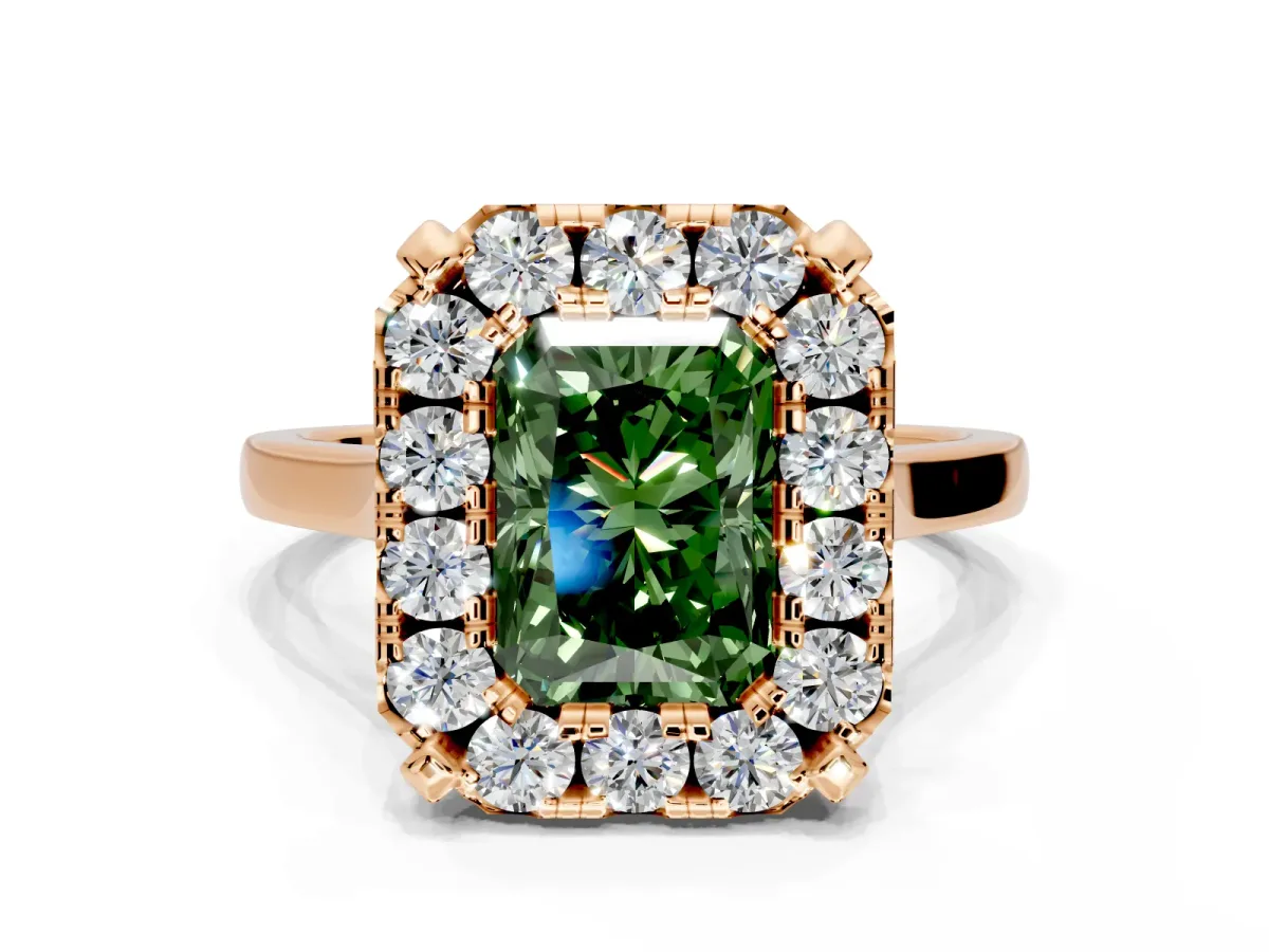 Single Halo Engagement Ring Setting for Fancy Green Radiant Cut Center with Corner Claws, Plain Band and Prong Head in Rose Gold