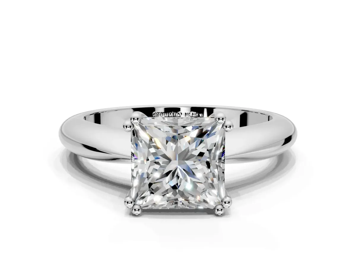 Solitaire Engagement Ring Setting for Princess Cut Center with Reverse Tapered Band and Prong Head in Platinum