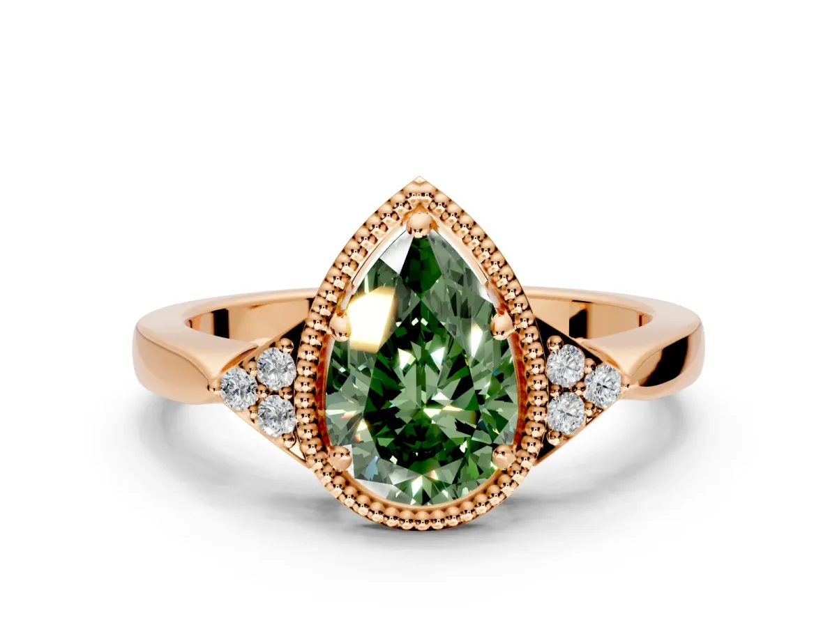 Cluster Engagement Ring Setting for Fancy Green Pear-Shaped Center with Milgrain Shoulder Clusters and Prong Head in Rose Gold