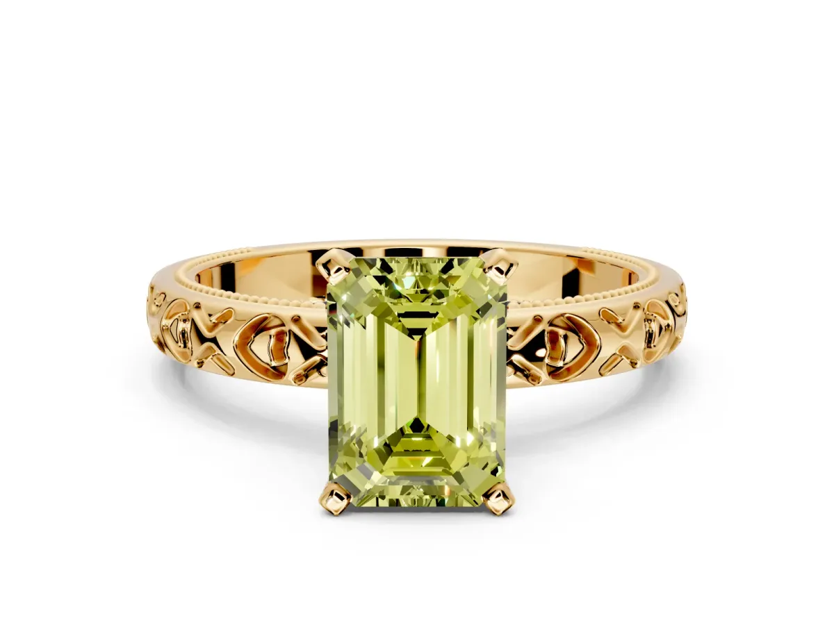 Solitaire Engagement Ring Setting for Fancy Yellow Emerald Cut Center with XO Engraved Band and Prong Head in Yellow Gold