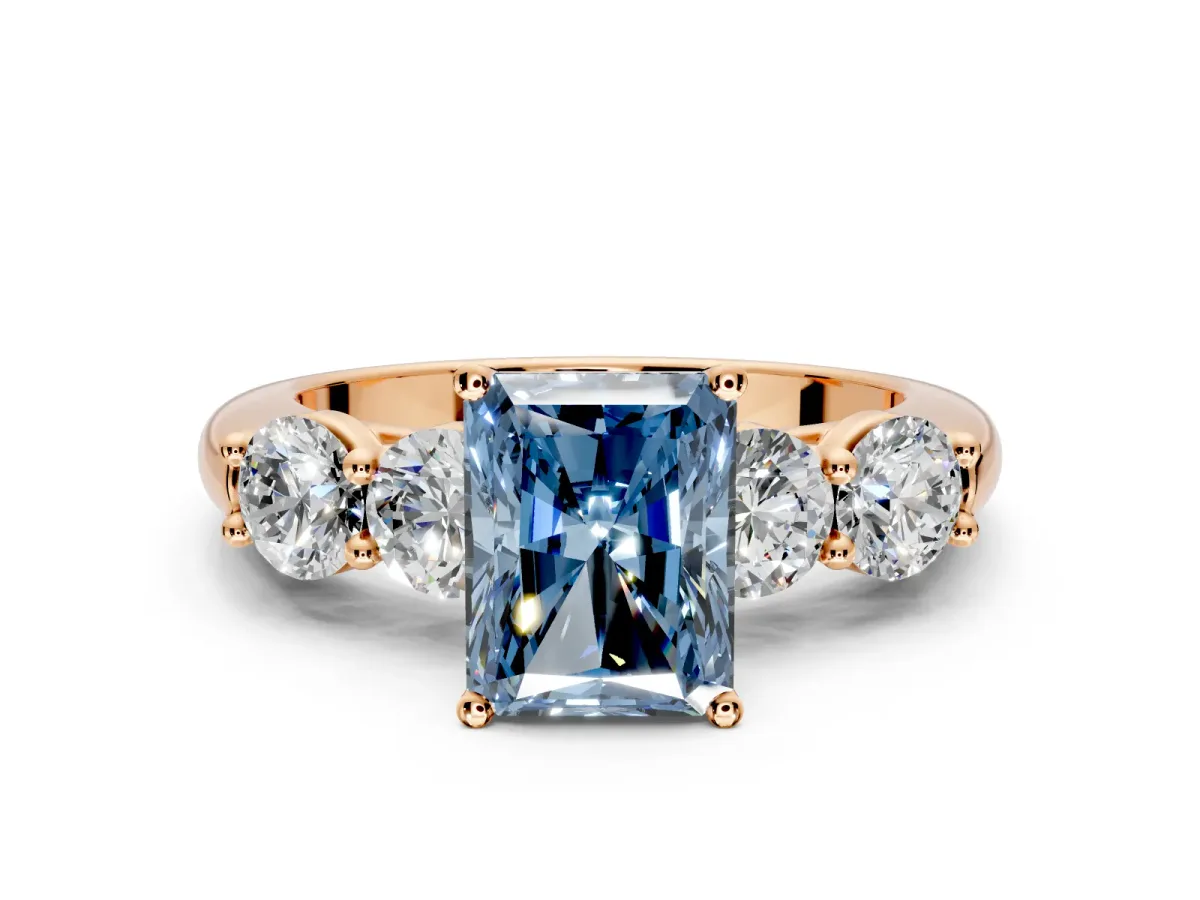 5 Stone Engagement Ring Setting for Fancy Blue Radiant Cut Center with Graduated Accents and Prong Head in Rose Gold