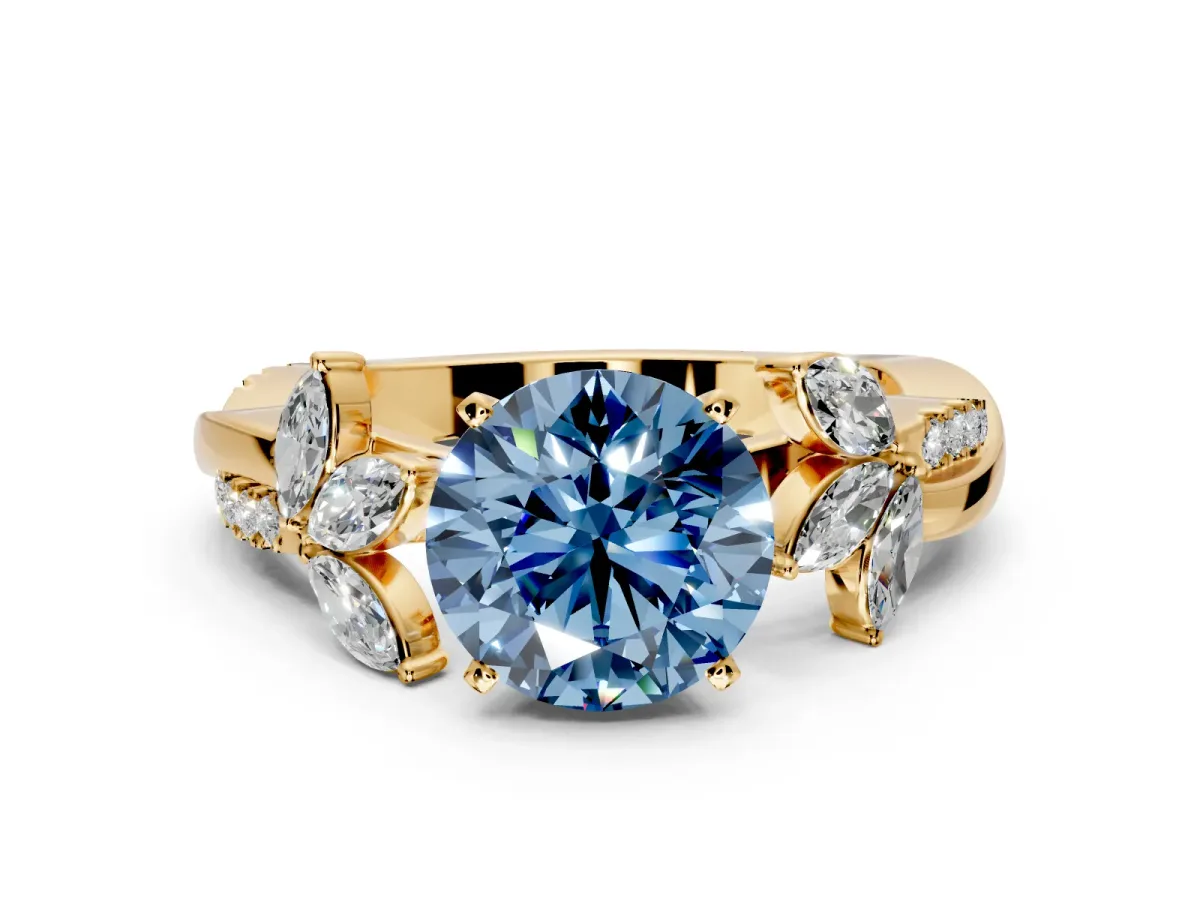 Floral Engagement Ring Setting for Fancy Blue Round Cut Center with Trailing Marquise Accents and Prong Head in Yellow Gold