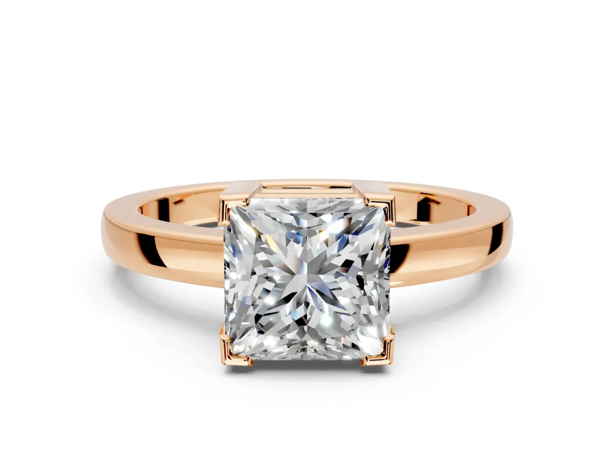 Solitaire Engagement Ring Setting for Princess Cut Center with Plain Band and Flat Tab Prong Head in Rose Gold