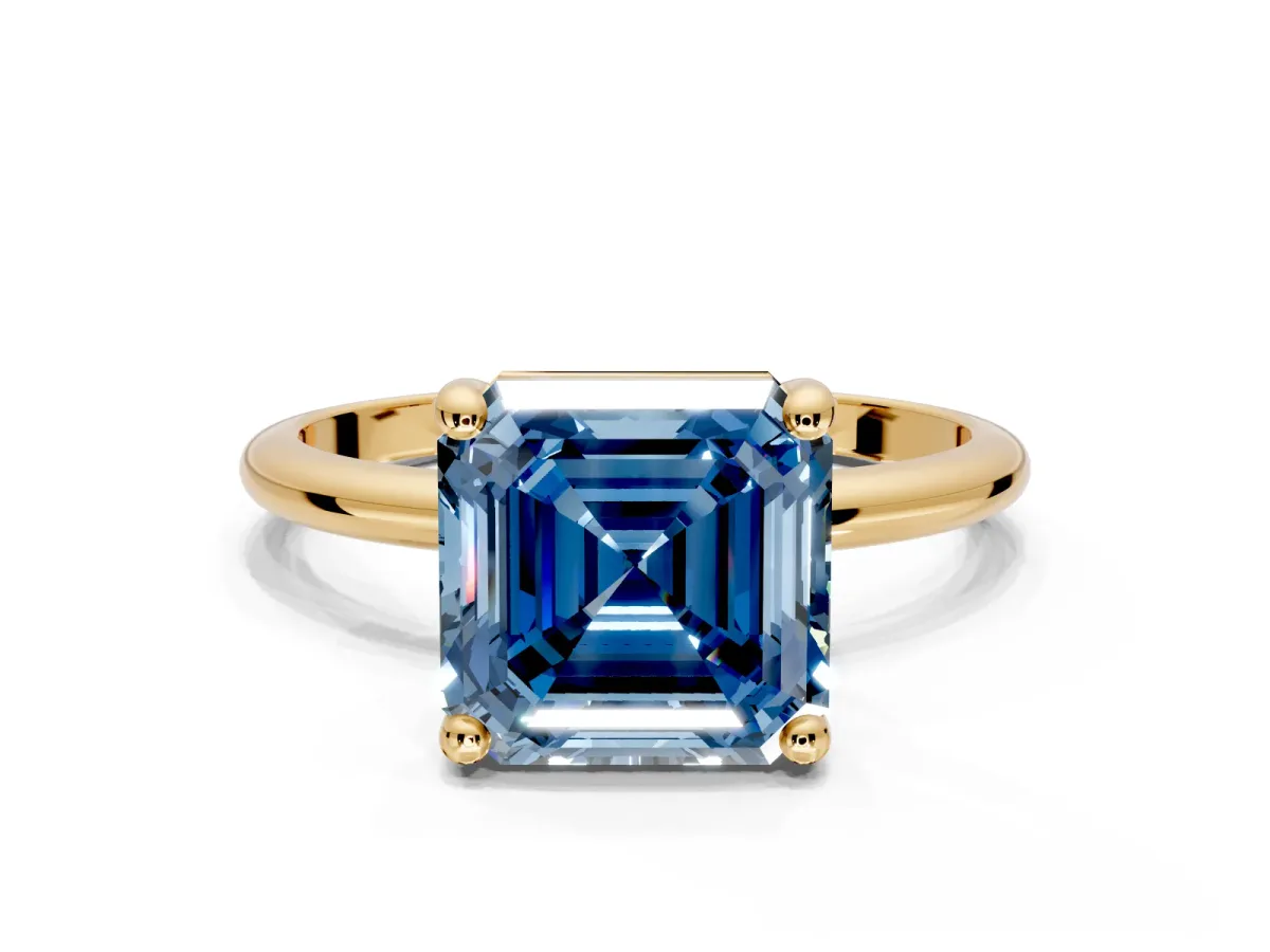 Minimalist Solitaire Engagement Ring Setting for Fancy Blue Asscher Cut Center with Thin Band and Prong Head in Yellow Gold