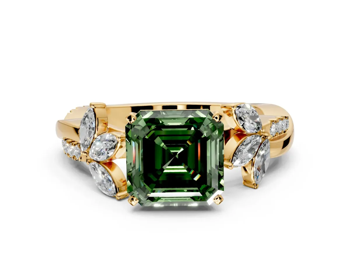 Floral Engagement Ring Setting for Fancy Green Asscher Cut Center with Trailing Marquise Accents and Prong Head in Yellow Gold
