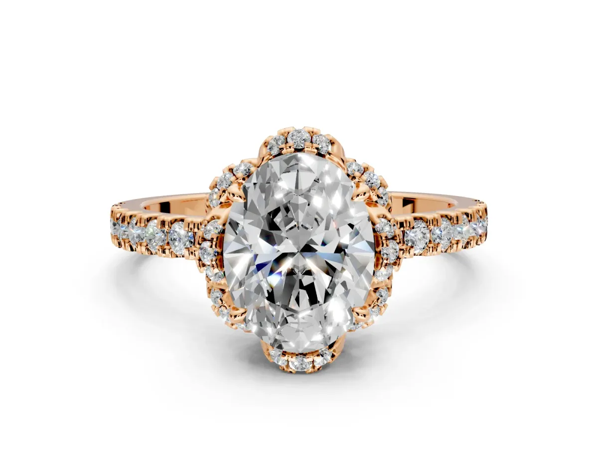 Halo Engagement Ring Setting for Oval Center with Openwork Halo, Pave Band and Prong Head in Rose Gold