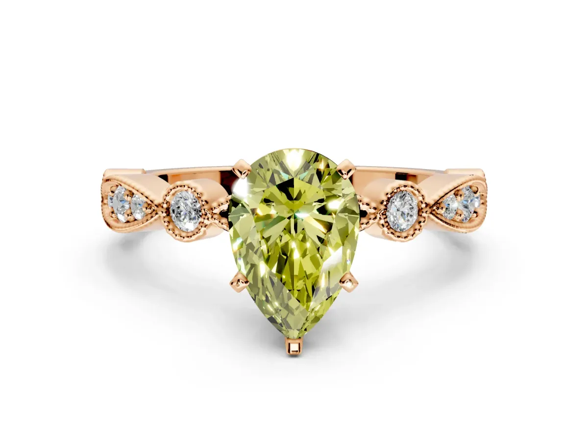 Solitaire Engagement Ring Setting for Fancy Yellow Pear-Shaped Center with Milgrain Bezel Accents and Prong Head in Rose Gold