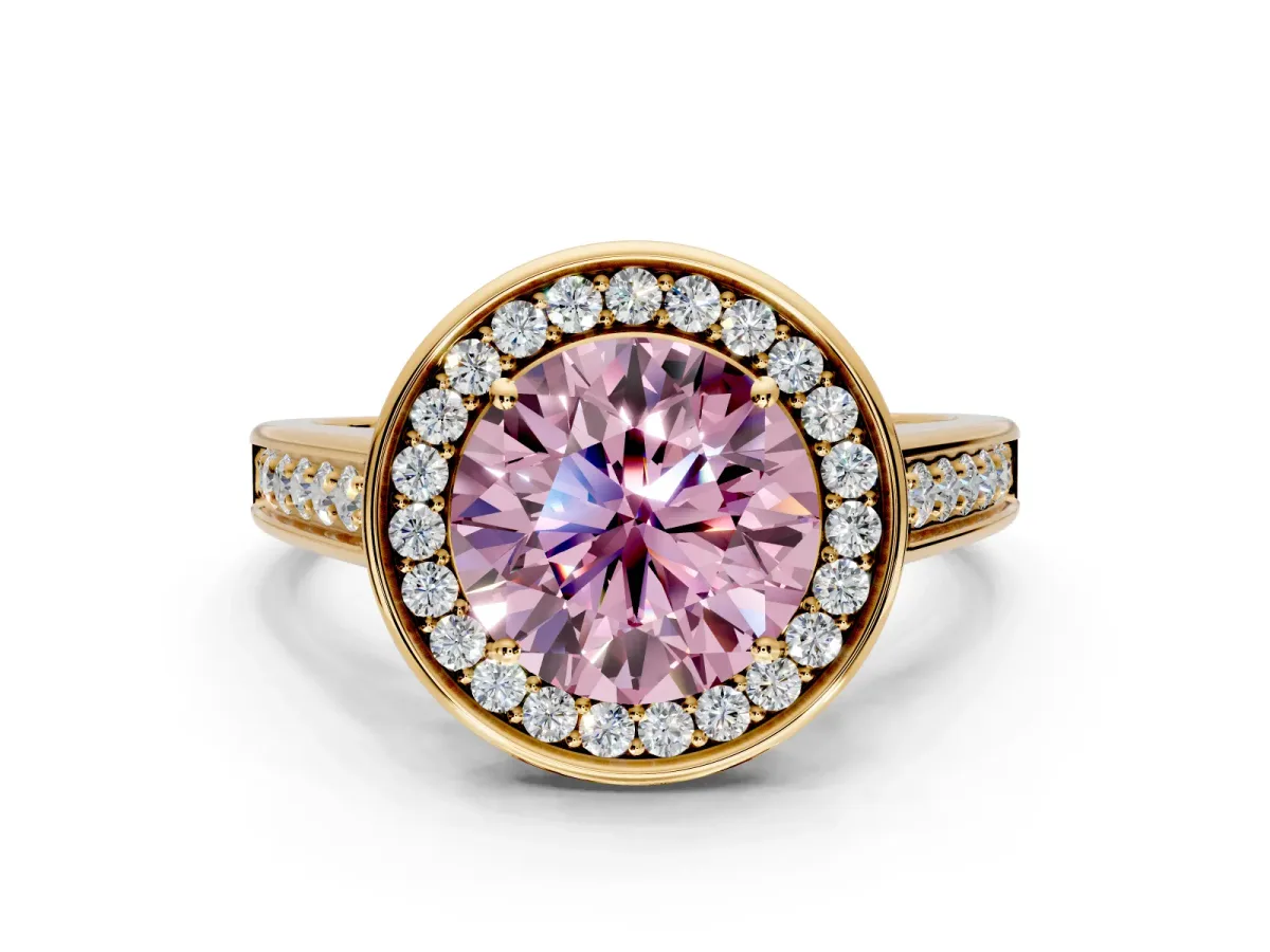 Halo Engagement Ring Setting for Fancy Pink Round Cut Center with Outer Bezel Rim, Pave Band and Prong Head in Yellow Gold