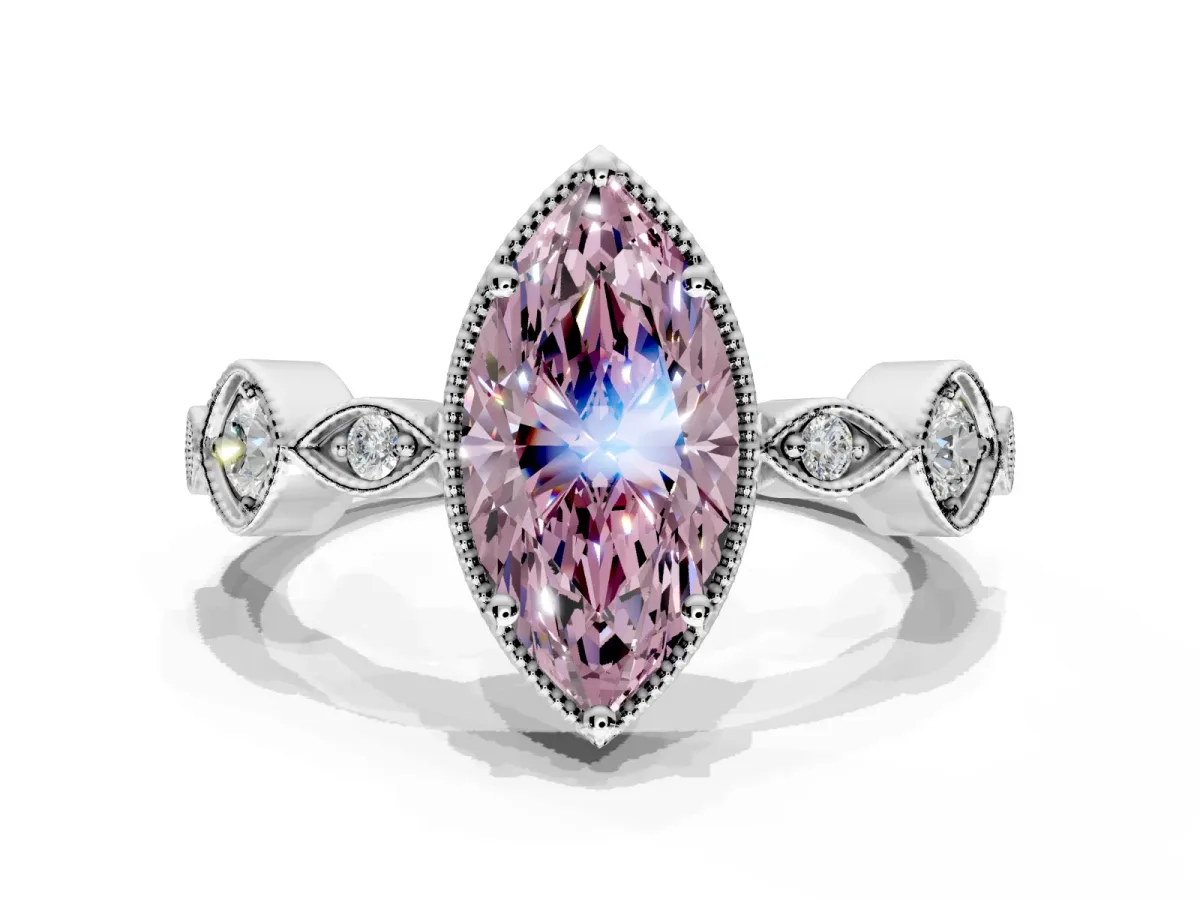 Vintage Station Engagement Ring Setting for Fancy Pink Marquise Center with Accents and Prong Head in Platinum
