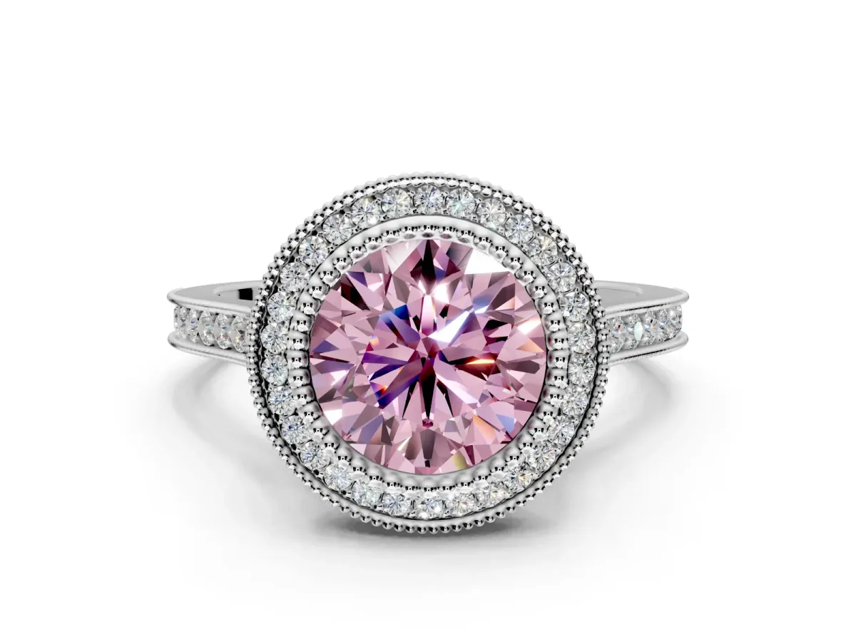 Halo Engagement Ring Setting for Fancy Pink Round Cut Center with Milgrain Frame, Pave Band and Prong Head in Sterling Silver