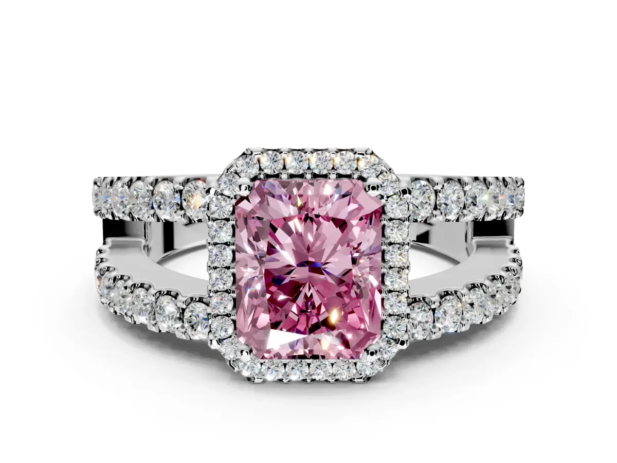 Halo Engagement Ring Setting for Fancy Pink Radiant Cut Center with Wide-Open Pave Split Shank and Prong Head in Platinum