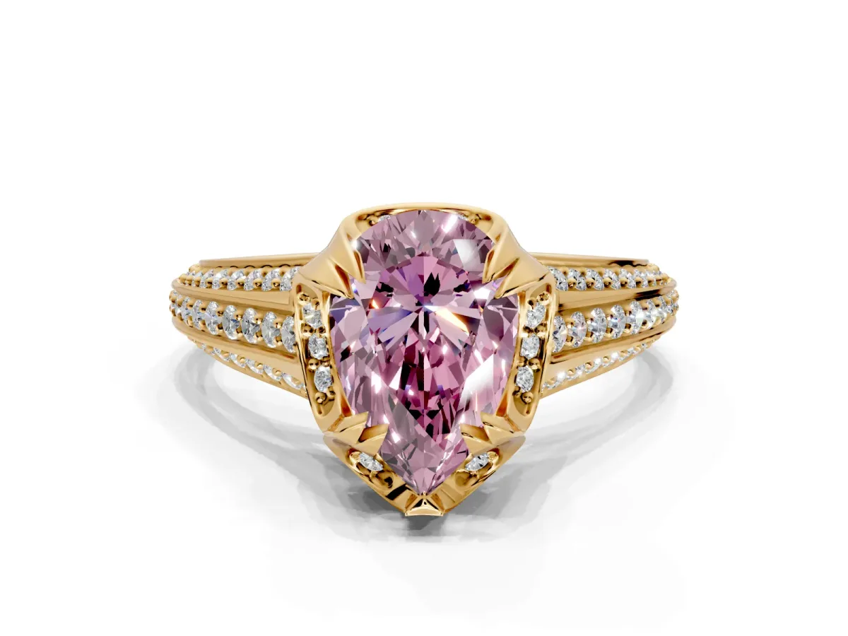Solitaire Engagement Ring Setting for Fancy Pink Pear-Shaped Center with Accented Split Shank and Prong Head in Yellow Gold