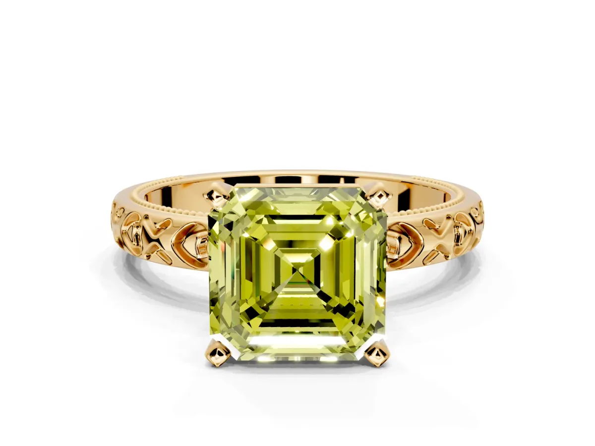 Solitaire Engagement Ring Setting for Fancy Yellow Asscher Cut Center with XO Engraved Band and Prong Head in Yellow Gold