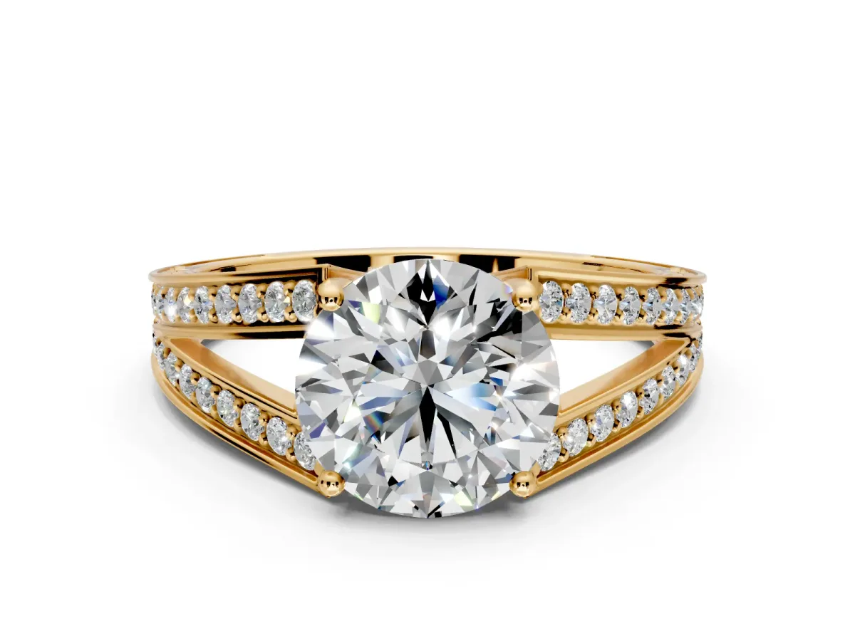 Split Shank Engagement Ring Setting for Round Cut Center with Pave Split Shank and Prong Head in Yellow Gold
