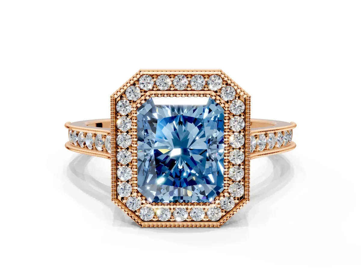 Halo Engagement Ring Setting for Fancy Blue Radiant Cut Center with Milgrain Pave Band and Bezel Head in Rose Gold