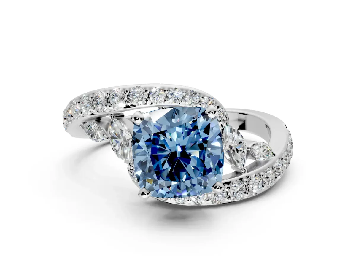 Solitaire Engagement Ring Setting for Fancy Blue Cushion Cut Center with Filigree Band and Prong Head in Sterling Silver
