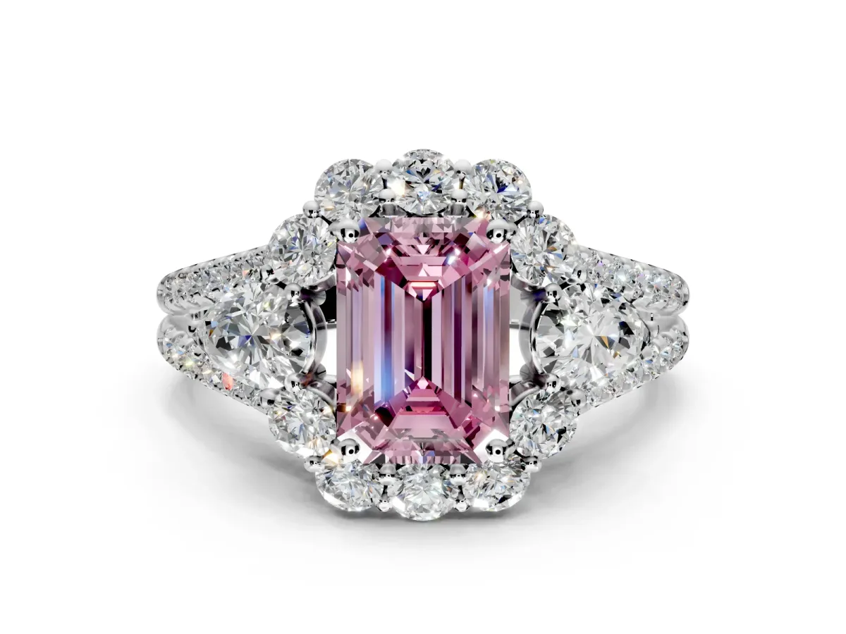 Halo Engagement Ring Setting for Fancy Pink Emerald Cut Center with Two-Strand Split Shank and Prong Head in Platinum