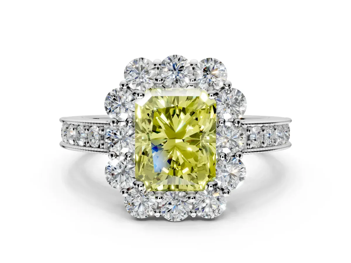 Halo Engagement Ring Setting for Fancy Yellow Radiant Cut Center with Milgrain Channel Band and Prong Head in White Gold