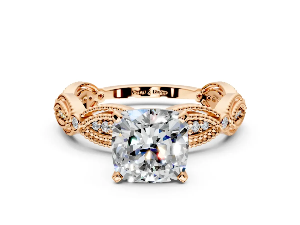 Solitaire Engagement Ring Setting for Cushion Cut Center with Marquise Panel Band and Prong Head in Rose Gold