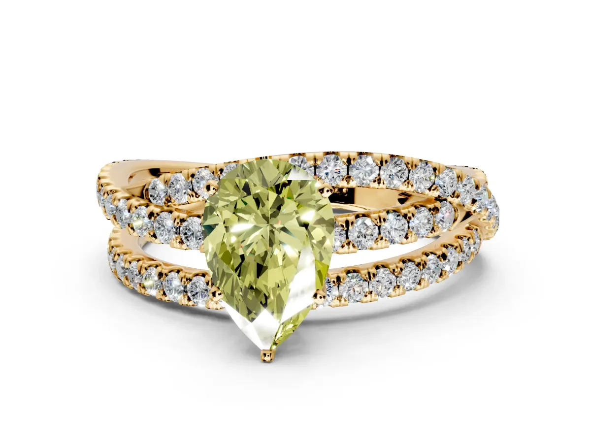 Solitaire Engagement Ring Setting for Fancy Yellow Pear-Shaped Center with Woven 3-Strand Pave Band and Prong Head in Yellow Gold