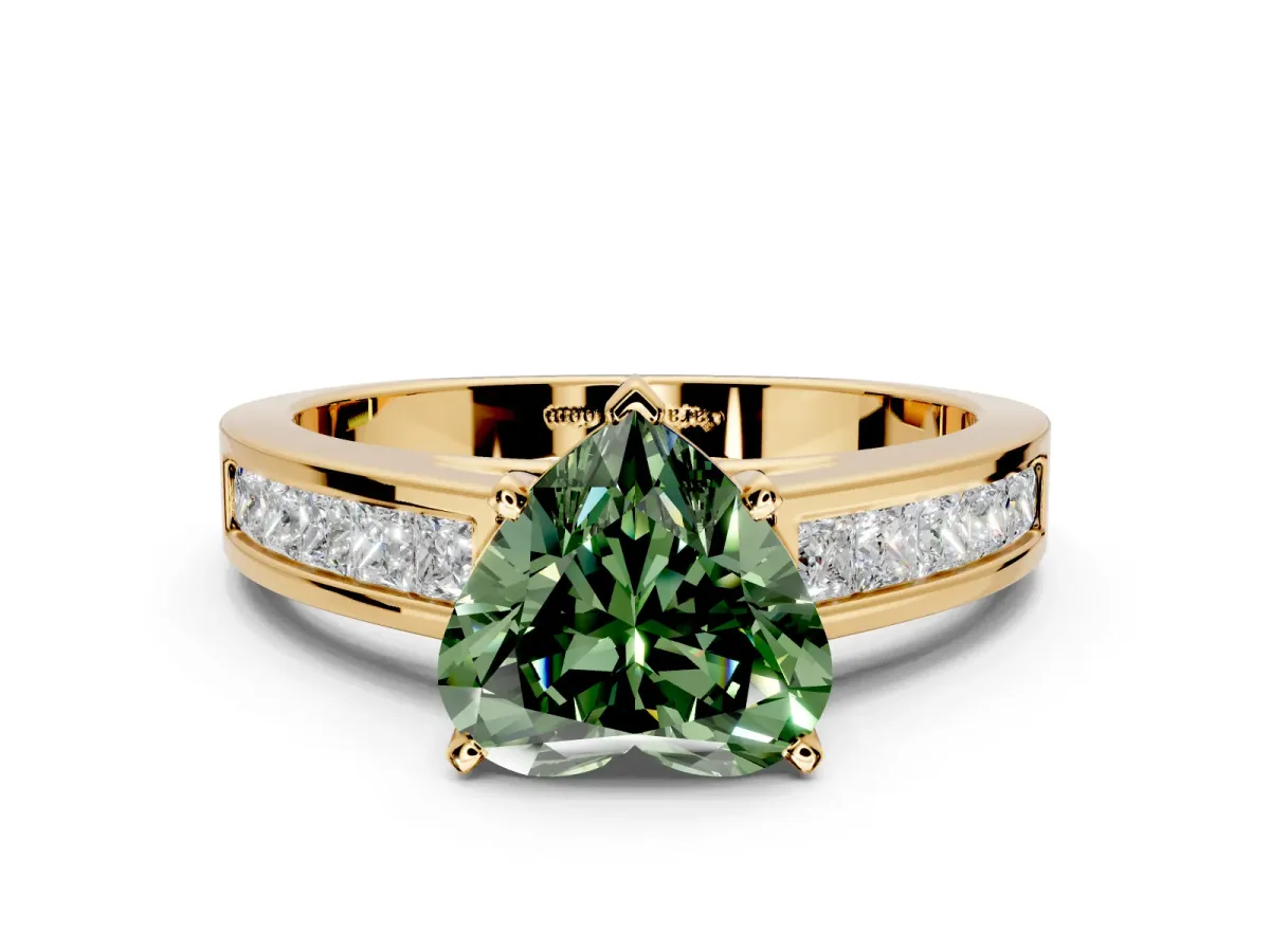 Solitaire Engagement Ring Setting for Fancy Green Heart-Shaped Center with Princess Cut Channel Band and Prong Head in Yellow Gold