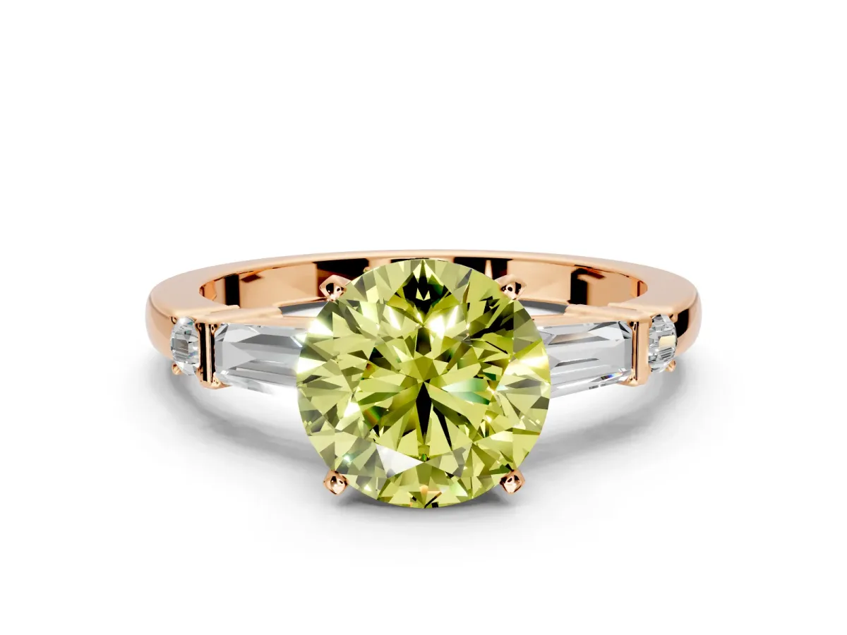 Bar-Set Engagement Ring Setting for Fancy Yellow Round Cut Center with Tapered Baguette Accents and Prong Head in Rose Gold