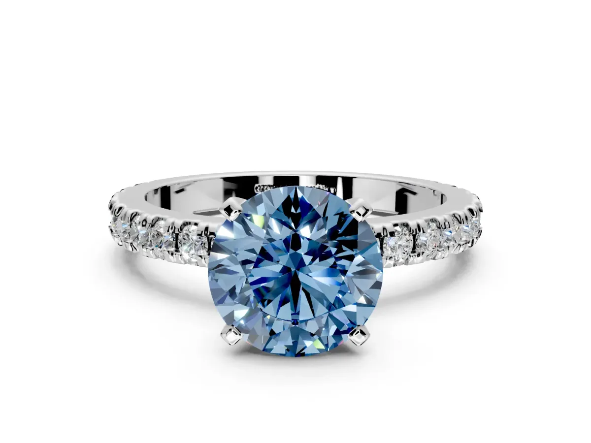 Solitaire Engagement Ring Setting for Fancy Blue Round Cut Center with Fine Pave Band and Claw Prong Head in Sterling Silver