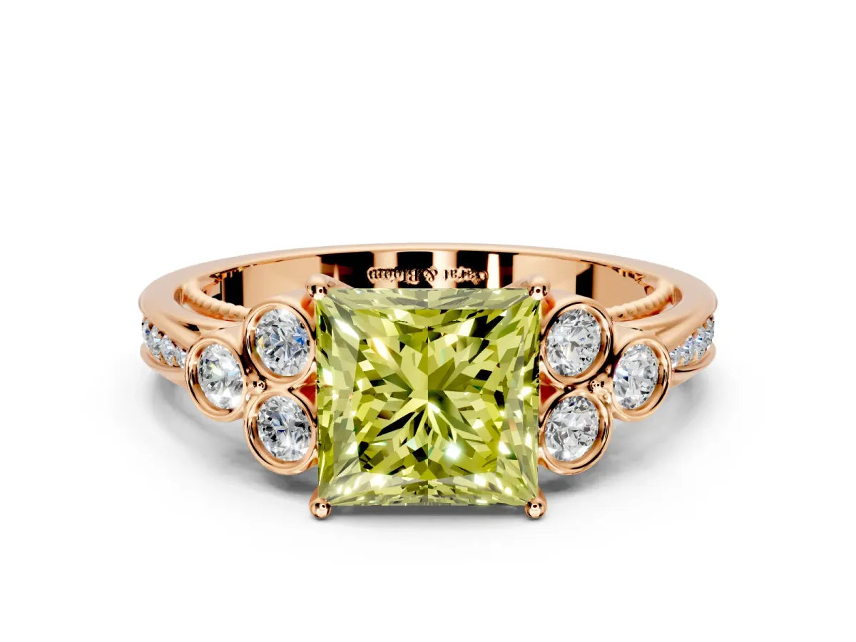 Cluster Engagement Ring Setting for Fancy Yellow Princess Cut Center with Bezel Accent Clusters and Prong Head in Rose Gold