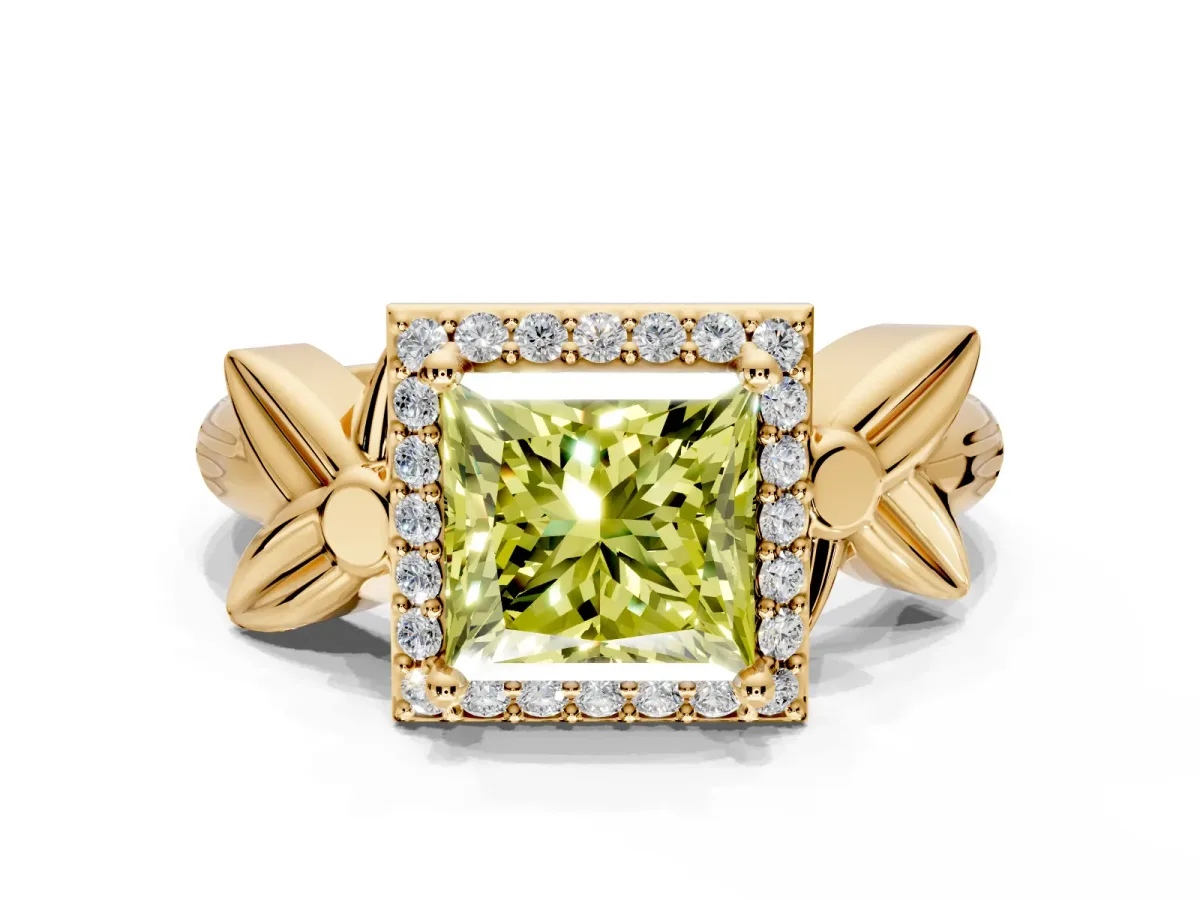 Halo Engagement Ring Setting for Fancy Yellow Princess Cut Center with Floral Band and Prong Head in Yellow Gold