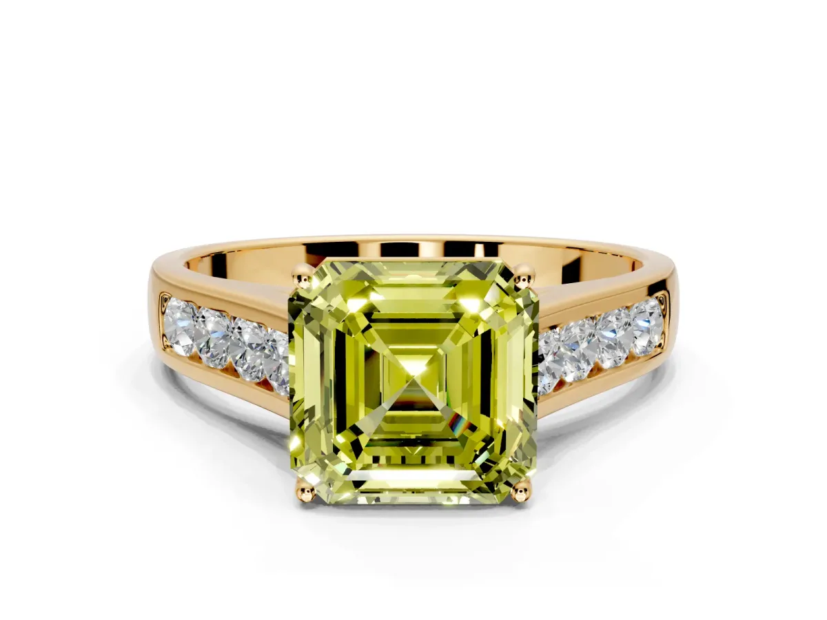 Solitaire Engagement Ring Setting for Fancy Yellow Asscher Cut Center with Round Cut Channel Band and Prong Head in Yellow Gold