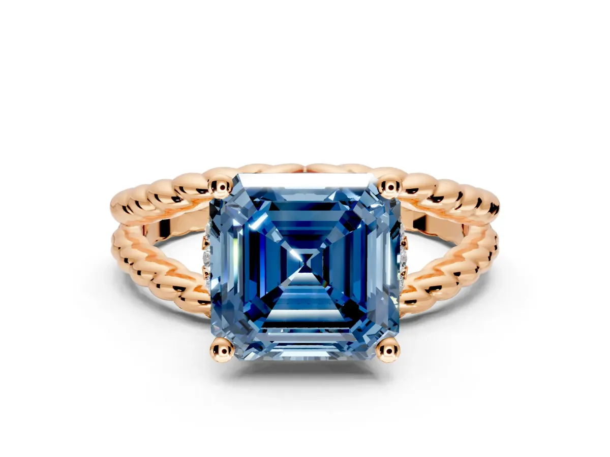 Halo Engagement Ring Setting for Fancy Blue Asscher Cut Center with Rope Twist Split Shank and Prong Head in Rose Gold