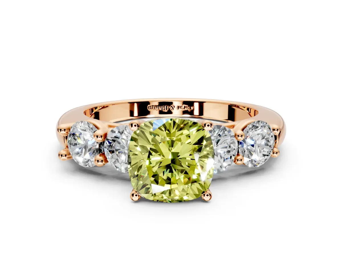 5 Stone Engagement Ring Setting for Fancy Yellow Cushion Cut Center with Graduated Accents and Prong Head in Rose Gold