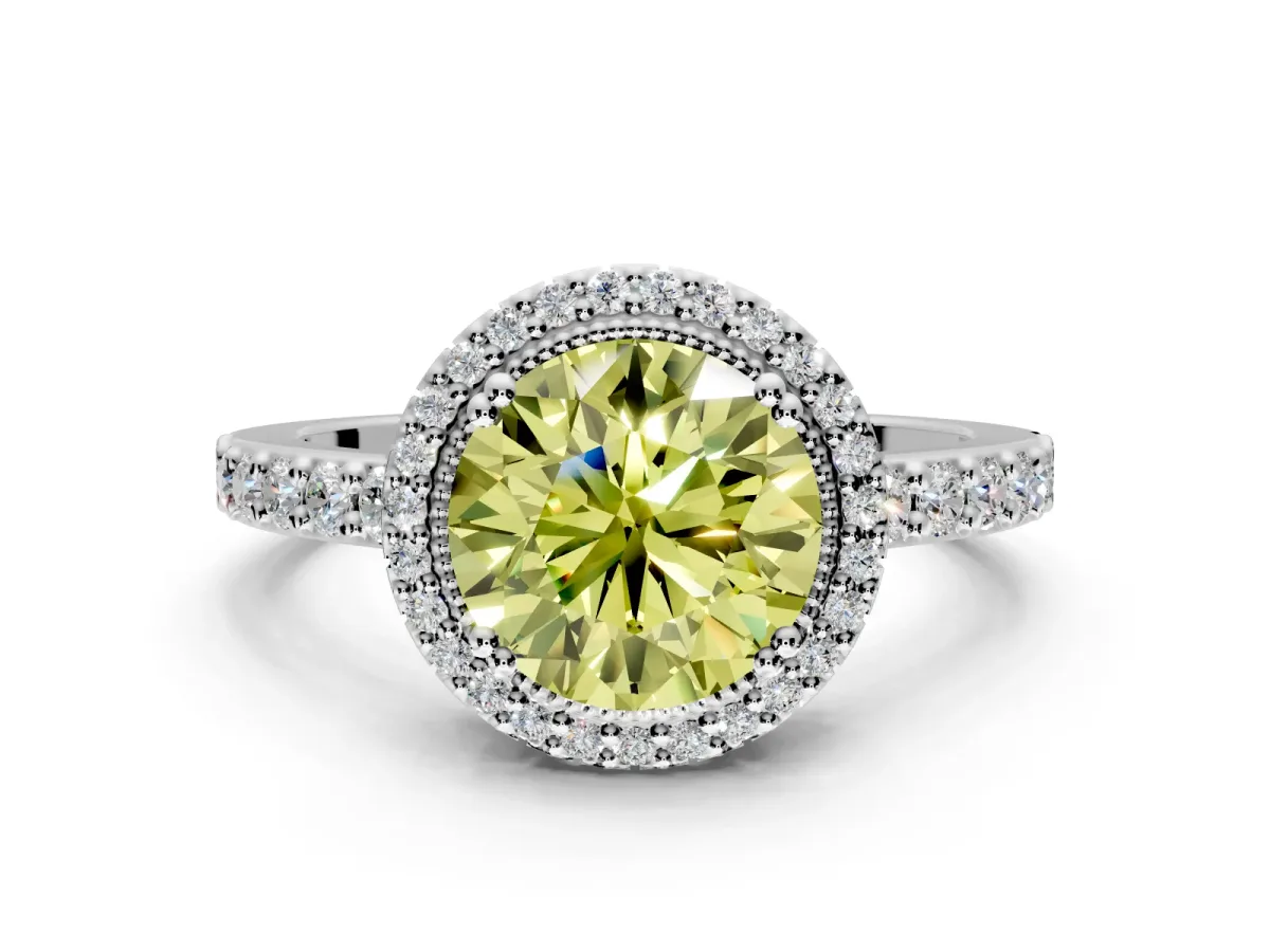 Halo Engagement Ring Setting for Fancy Yellow Round Cut Center with Inner Milgrain Border and Prong Head in White Gold