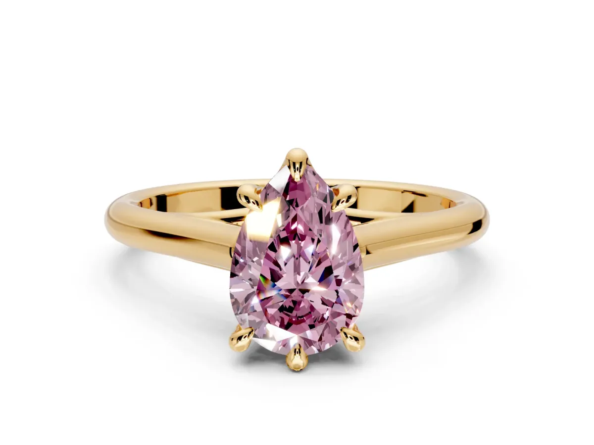 Solitaire Engagement Ring Setting for Fancy Pink Pear-Shaped Center with Cathedral Band and Prong Head in Yellow Gold