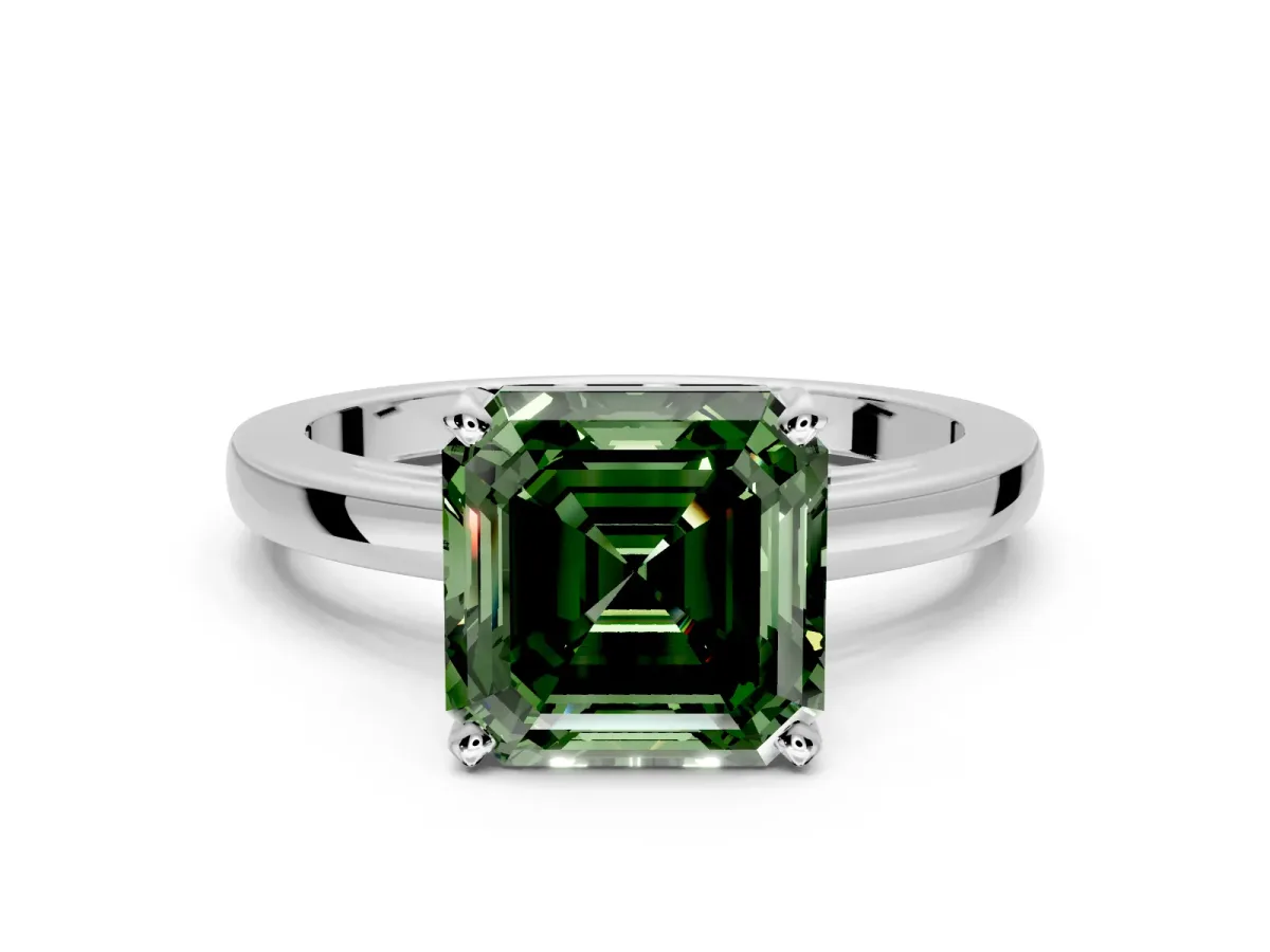 Solitaire Engagement Ring Setting for Fancy Green Asscher Cut Center with Basket Rail and Prong Head in White Gold