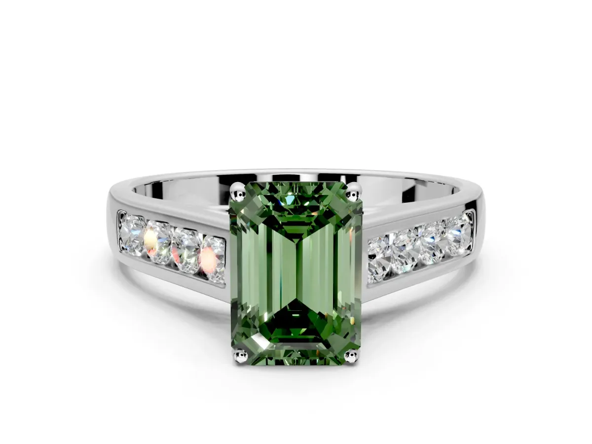 Solitaire Engagement Ring Setting for Fancy Green Emerald Cut Center with Round Cut Channel Band and Prong Head in Platinum
