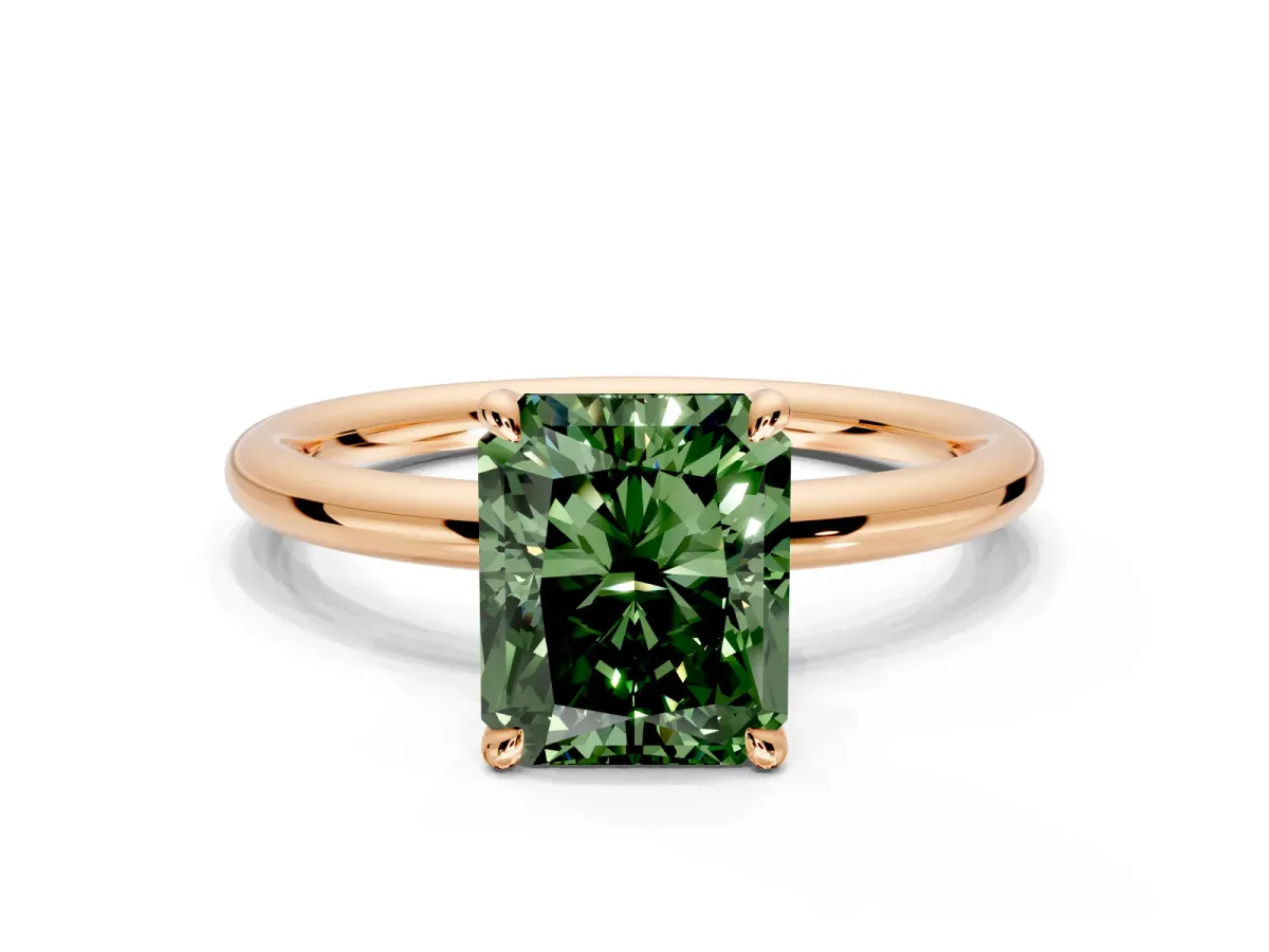 Hidden Halo Engagement Ring Setting for Fancy Green Radiant Cut Center with Thin Rounded Band and Prong Head in Rose Gold