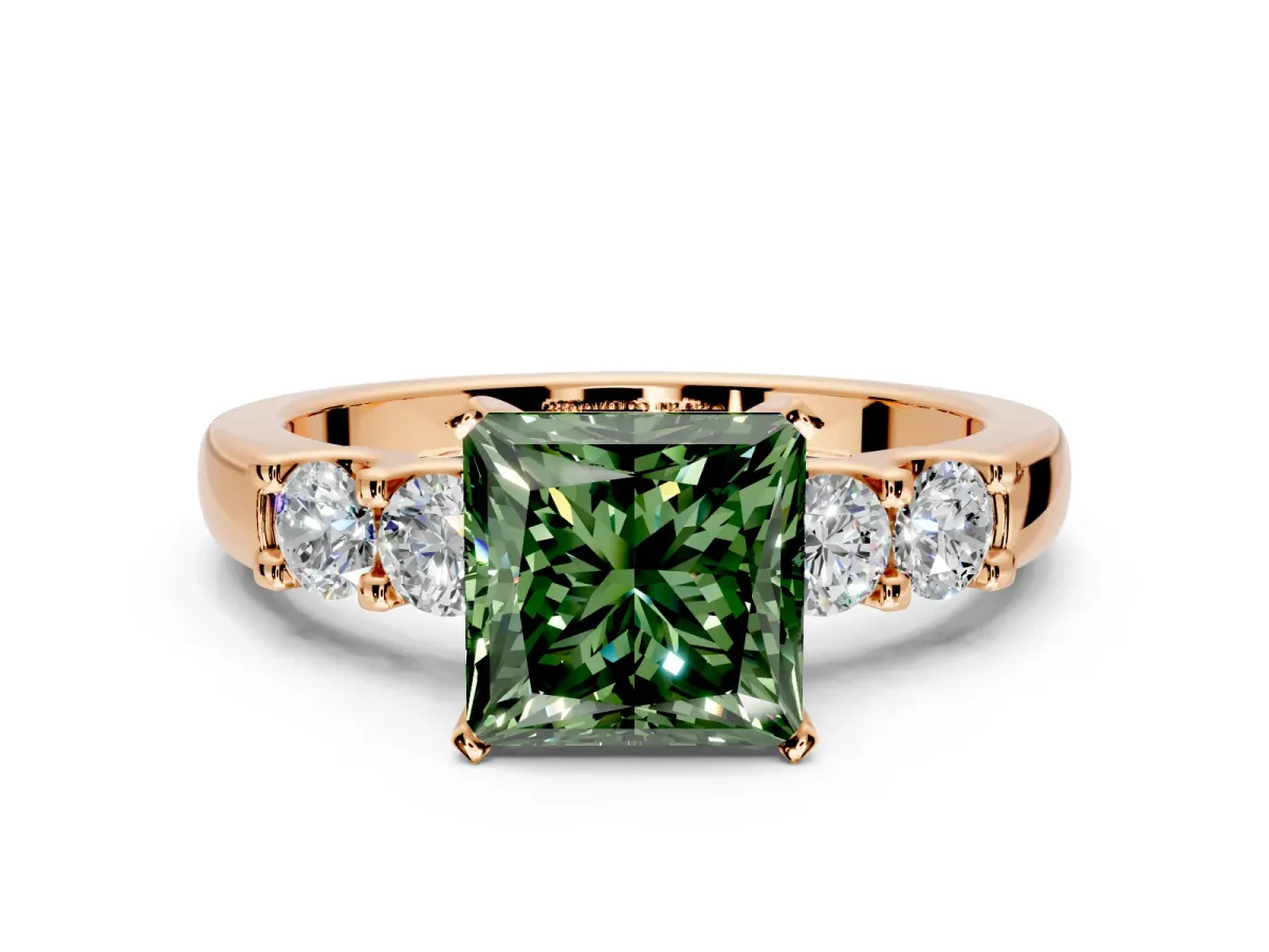 5 Stone Engagement Ring Setting for Fancy Green Princess Cut Center with Plain Band and Prong Head in Rose Gold