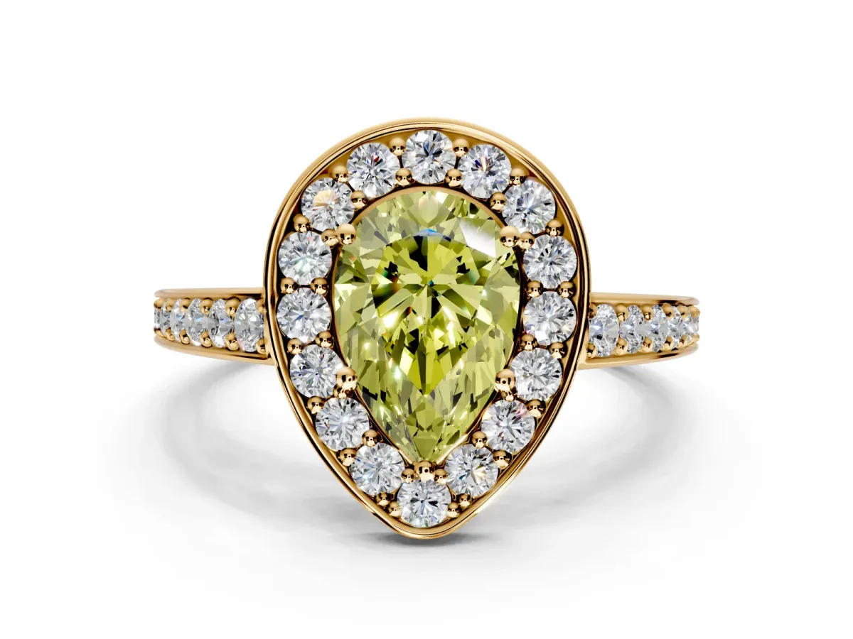Bezel-Framed Halo Engagement Ring Setting for Fancy Yellow Pear-Shaped Center with Pave Band and Prong Head in Yellow Gold