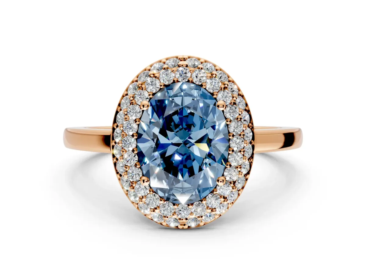 Halo Engagement Ring Setting for Fancy Blue Oval Center with Plain Tapered Band and Prong Head in Rose Gold