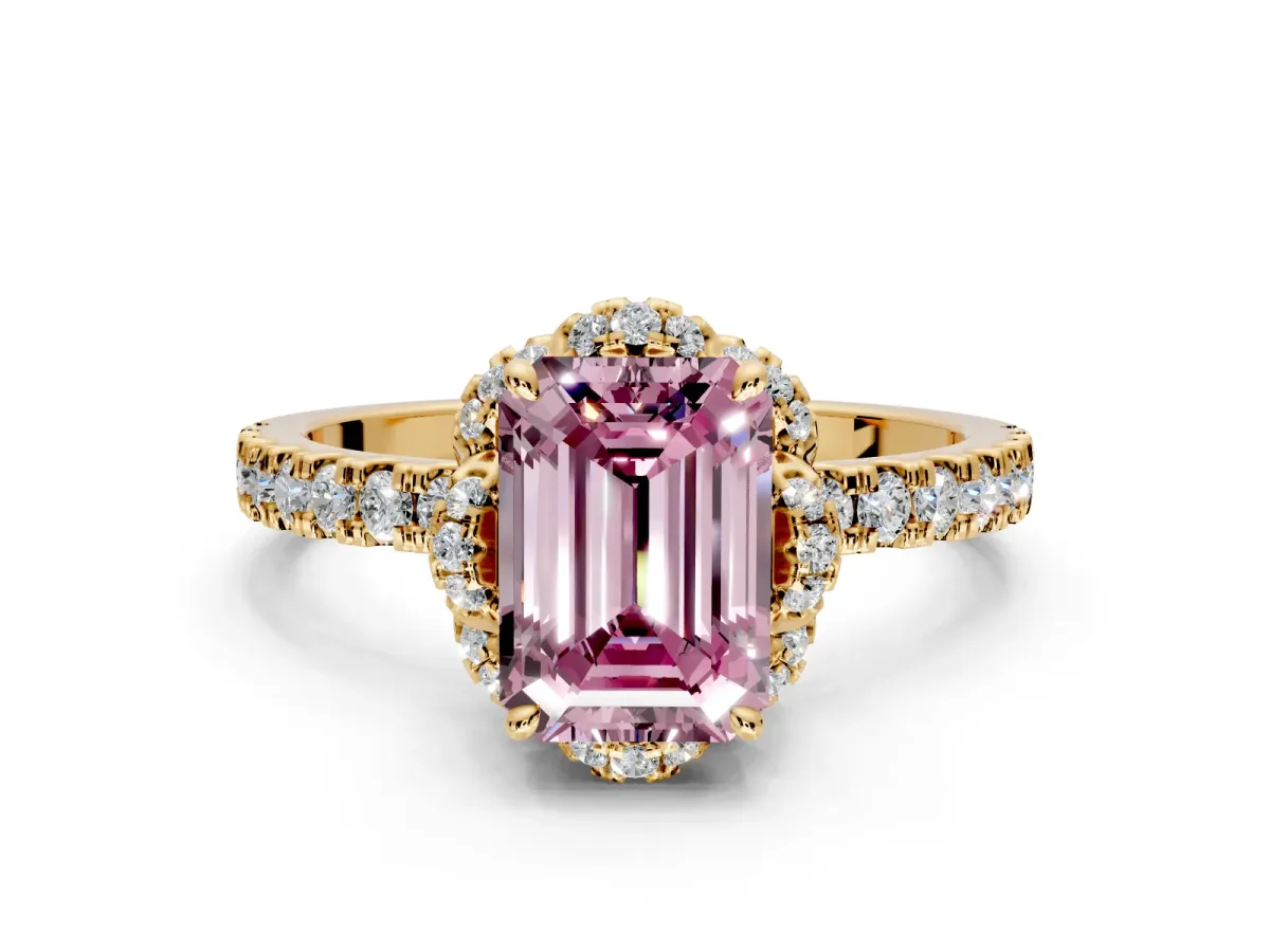 Halo Engagement Ring Setting for Fancy Pink Emerald Cut Center with Openwork Halo, Pave Band and Prong Head in Yellow Gold