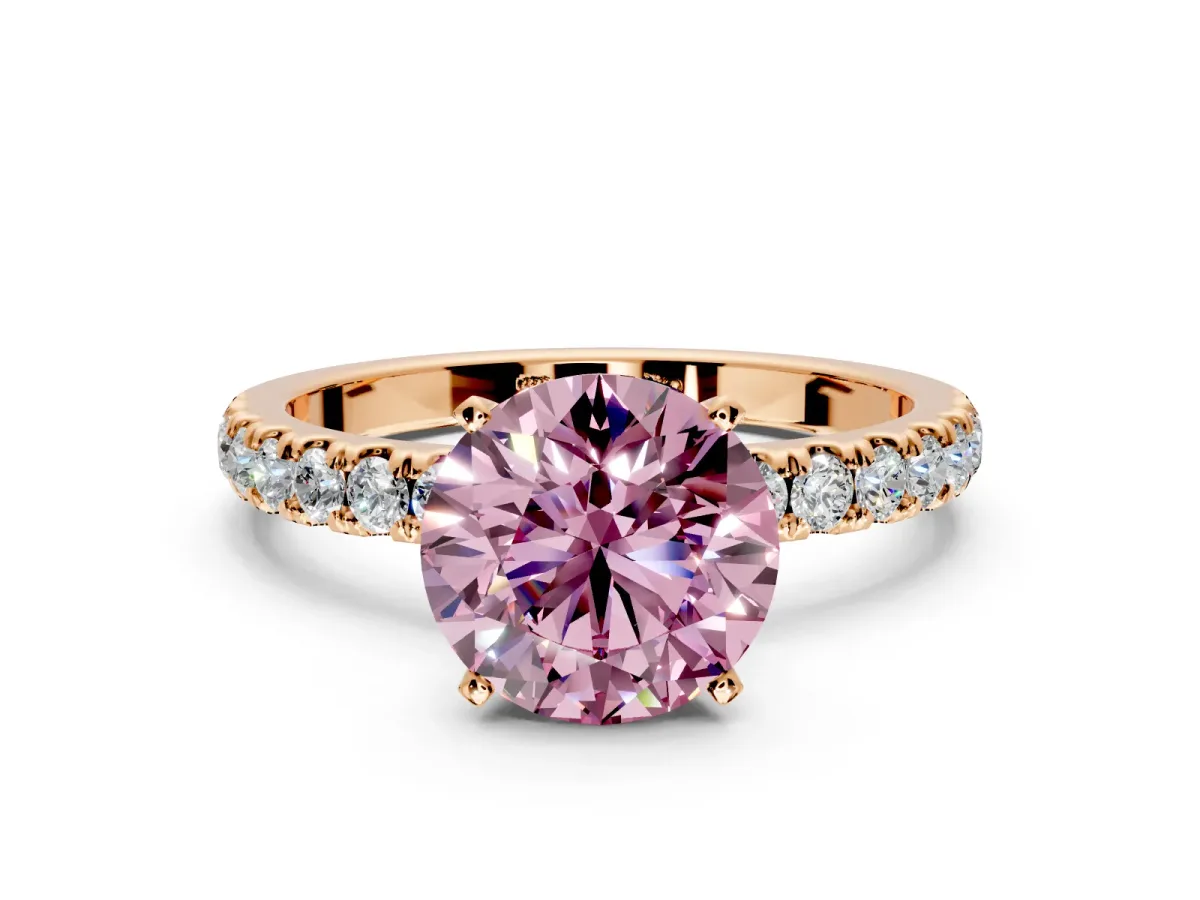Open Basket Engagement Ring Setting for Fancy Pink Round Cut Center with Pave Band and Prong Head in Rose Gold