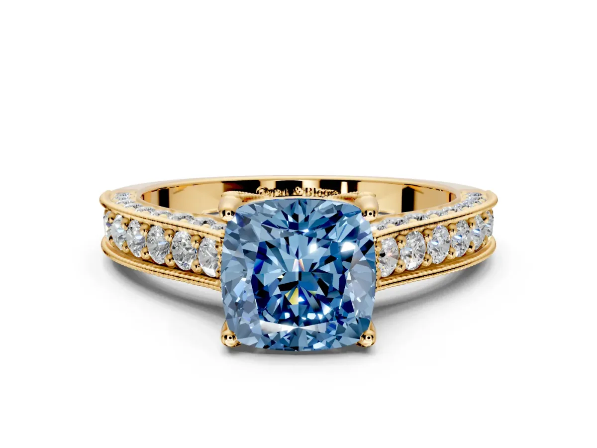 Solitaire Engagement Ring Setting for Fancy Blue Cushion Cut Center with Milgrain-Framed Pave Band and Prong Head in Yellow Gold