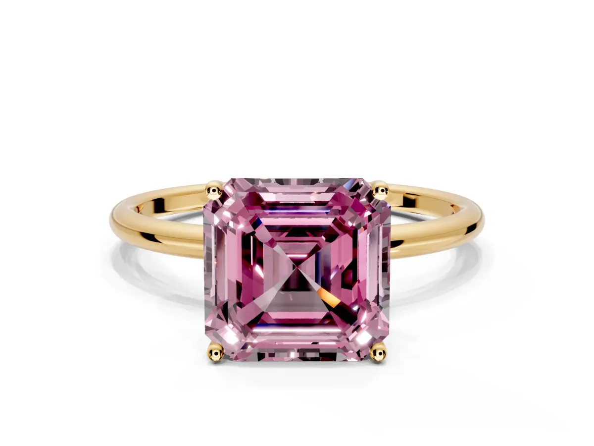 Solitaire Engagement Ring Setting for Fancy Pink Asscher Cut Center with Straight Thin Band and Prong Head in Yellow Gold