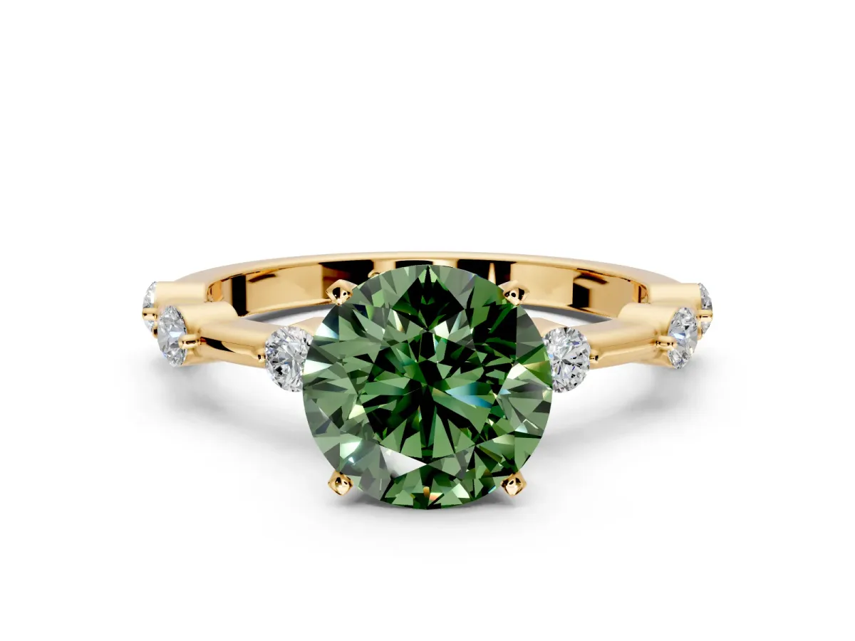 Solitaire Engagement Ring Setting for Fancy Green Round Cut Center with Bezel Station Band and Prong Head in Yellow Gold